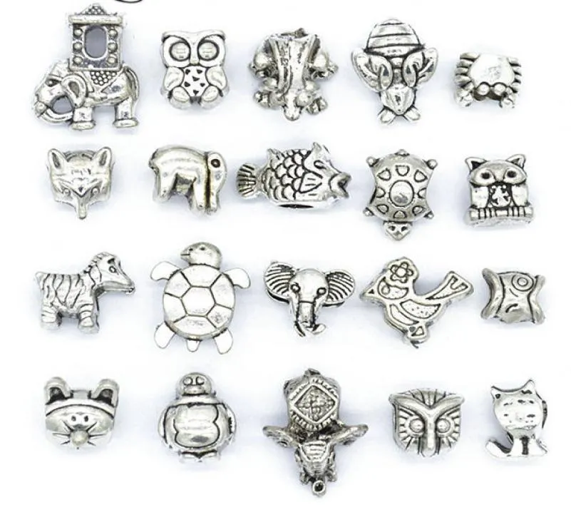 Mélangez 20 animaux antique en argent plaqué Big Hole Charmes Perles d'espaceur Bracelet Colliers de bijoux de bricolage Colliers Pendants Charms5806408