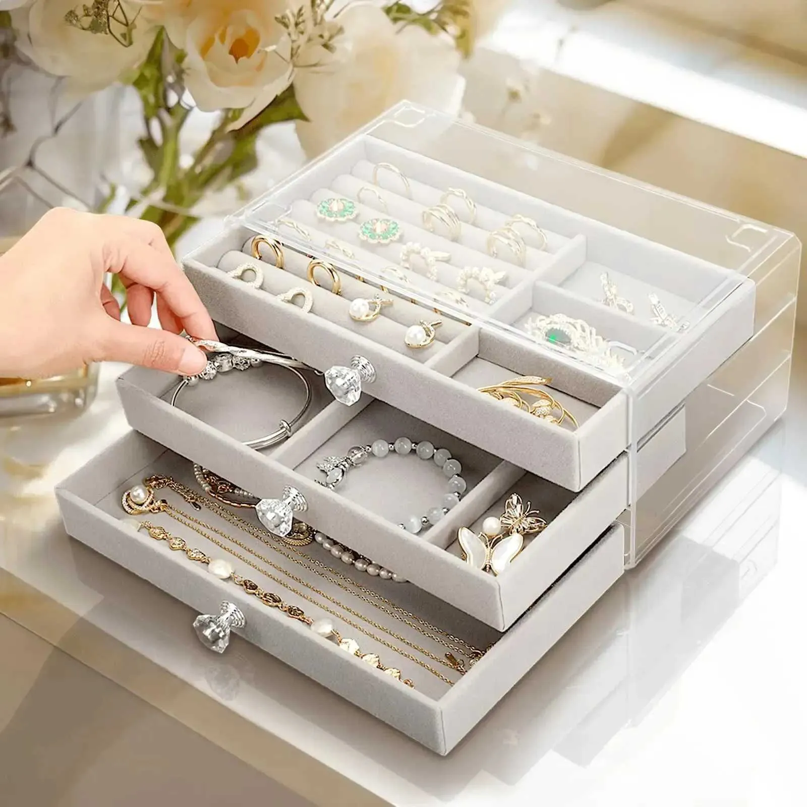 Smyckeslådor akryl smycken arrangör låd 3 drers rensar smycken lagringslåda för örhängen armband halsbands ringhållare sammet låda