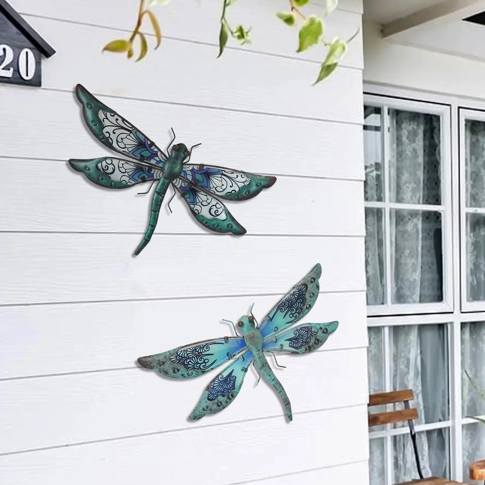 Arte da parete con libellula in metallo in vetro un paio - arte della parete di libellule da esterno - arredamento di libellule in metallo appeso per giardino e decorazioni per la casa 240508