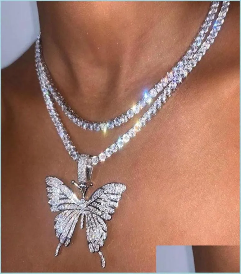 Colares pendentes Metrantação Big Butterfly Pingente colar Hip Hop Iced Out Rhinestone Chain for Women Bling Tennis Crystal Animal 2340564