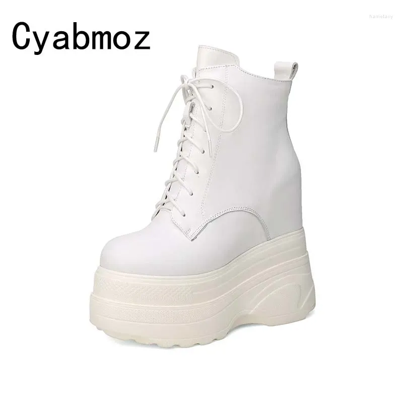 Boots Femmes Hauteur augmentant les baskets authentiques cales en cuir chaussures super hautes bottines de la cheville