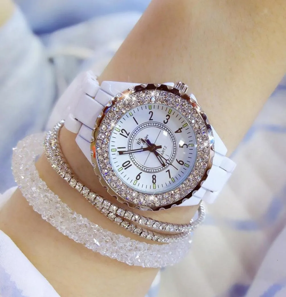 2018 Top Brand Luxury pols horloge voor dames witte keramische band dames kijken kwarts mode dames horloges van strass Black BS v1918371196