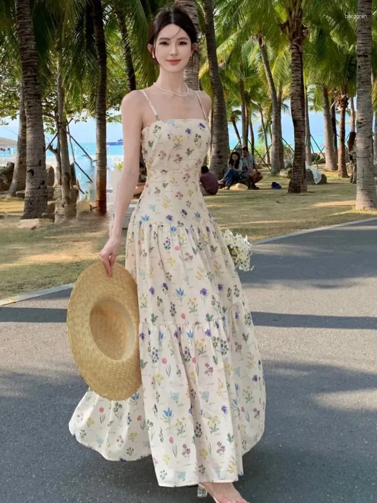 Floral Dress Long Spaghetti Strap Dress Casual Rdeuod Summer