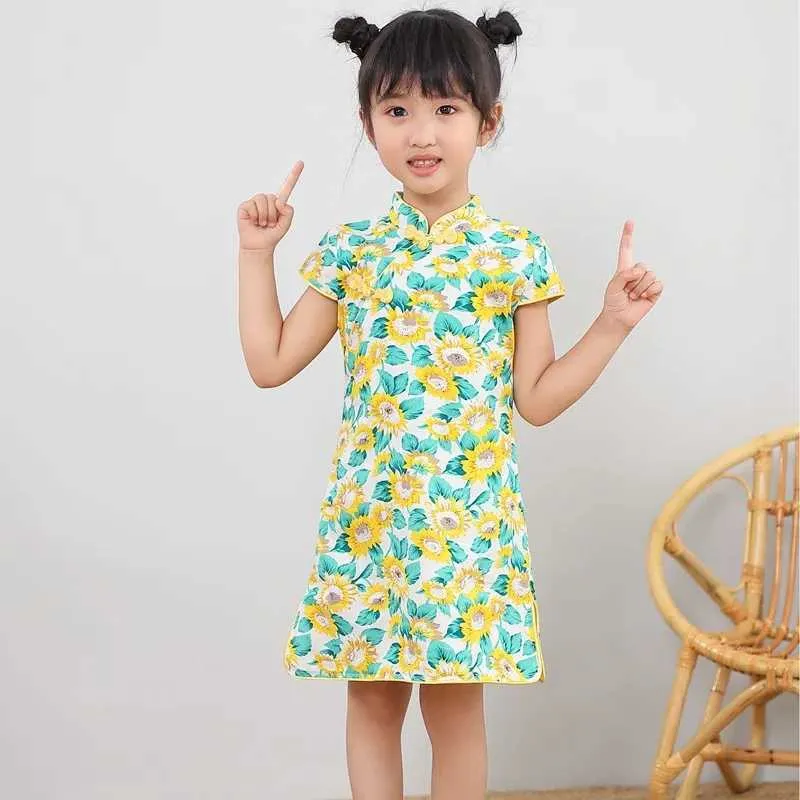 Meisjesjurken Chinese stijl babymeisje jurk zomer kikker kikker cheongsam verjaardagsfeestje prinses jurk peuter meisje kleding kinderen kostuum a1171
