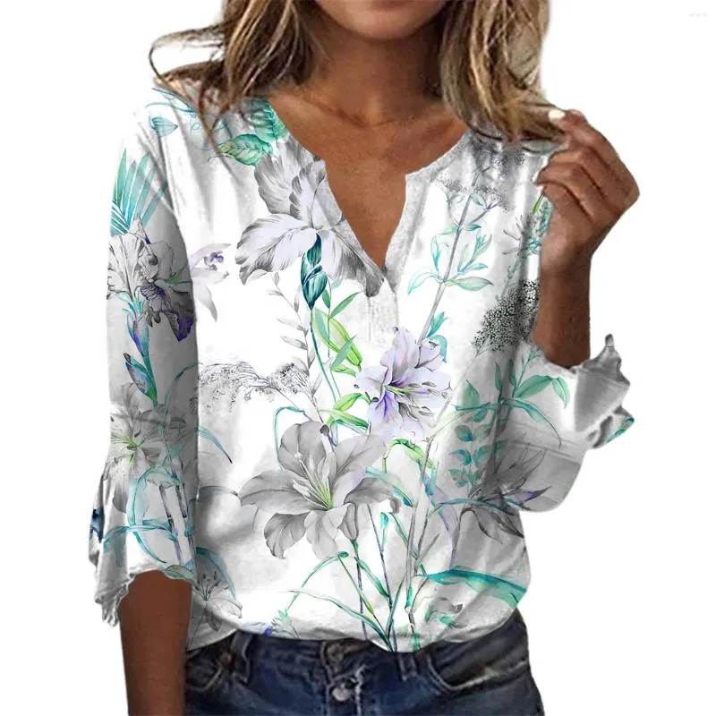 T-shirts pour femmes y2k quotidien décontracté imprimé floral à imprimé falles et tops 2024 moderne en V-col