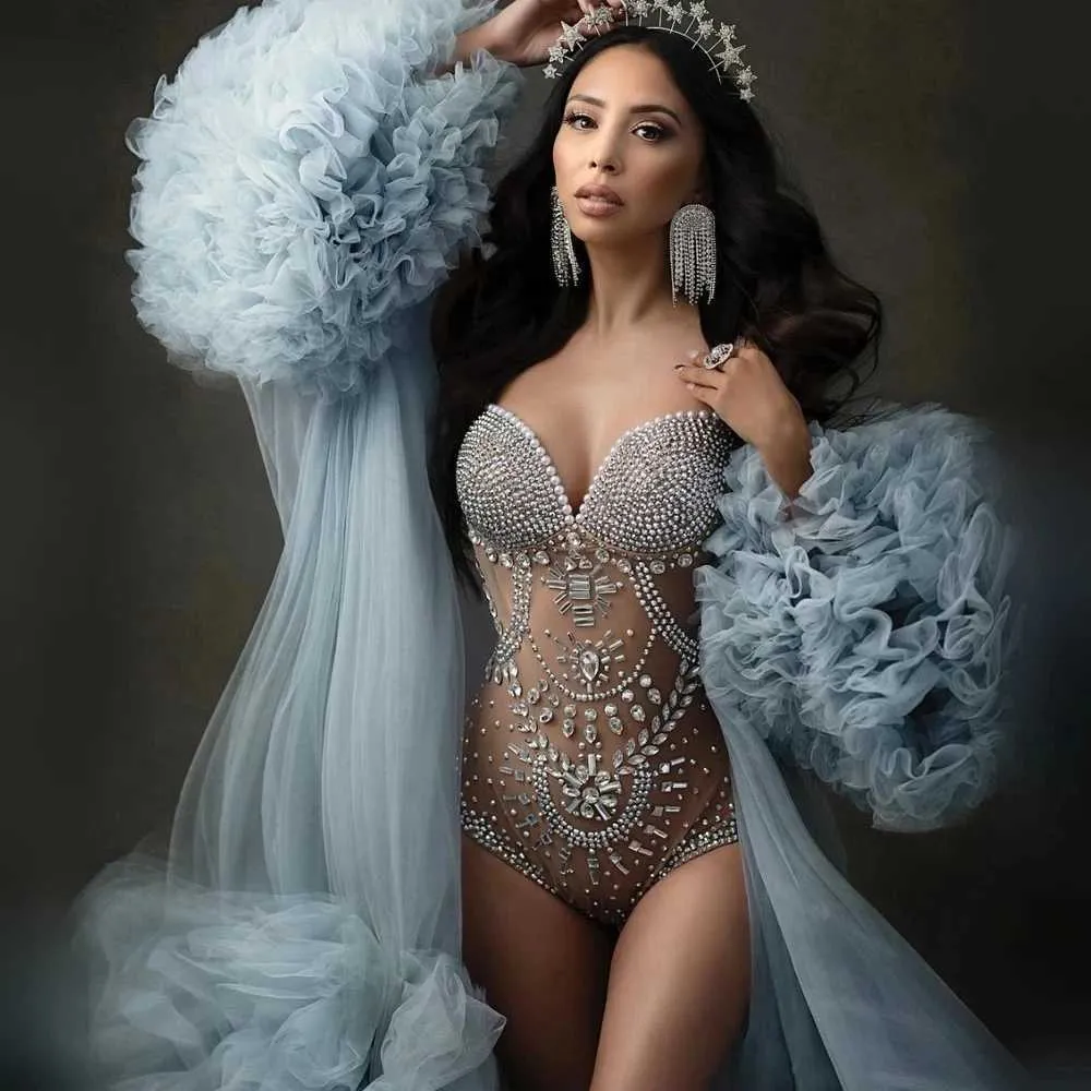 Sukienki macierzyńskie Fotografia ciążowa Dress Sukiej Blosy Srebrne Rhinestones Bodysuit Postrzegaj przez kobiety w ciąży w ciąży Plus Rozmiar Zdjęcia odzieży T240509