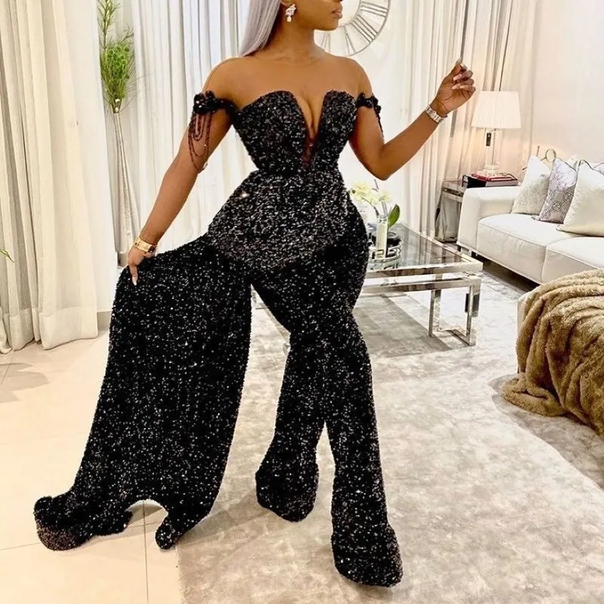 2021 Schwarze Pailletten Abendkleider Jumpsuit Satin Bug Rücken mit abnehmbarem Rock Neues formelles Kleid Schatz Hals bodenlange Prom DR 2240