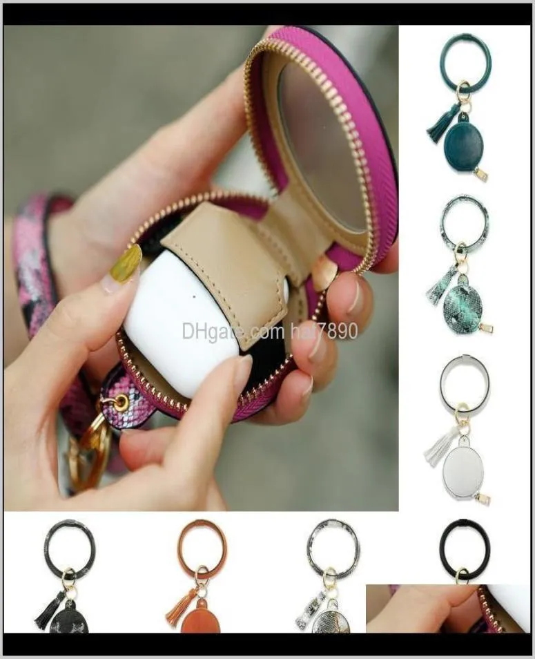 Ringar smycken -torrlöst Bluetooth nyckelring pu läder skyddande fodral er nyckelring armband tofs circle circle keyring makeup spegel2676534