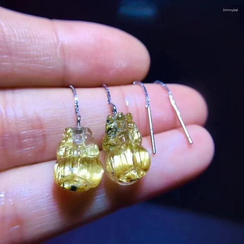 Boucles d'oreilles enveloppe d'or naturel en quartz rutilé femmes hommes mode pi xiu dame cadeau 14,5 / 9,3 mm de boucle d'oreille sterling