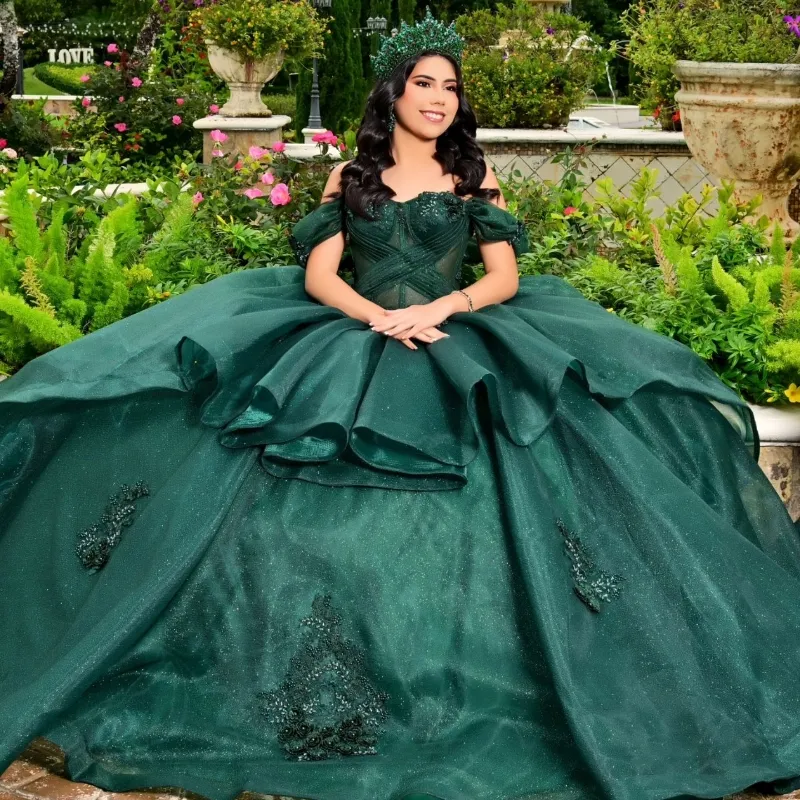 Green blackastro scintillante sexy innamorato Quinceanera si veste da spalla Applique perle Vestidos de 15 ANOS BALL CACCIO 2024