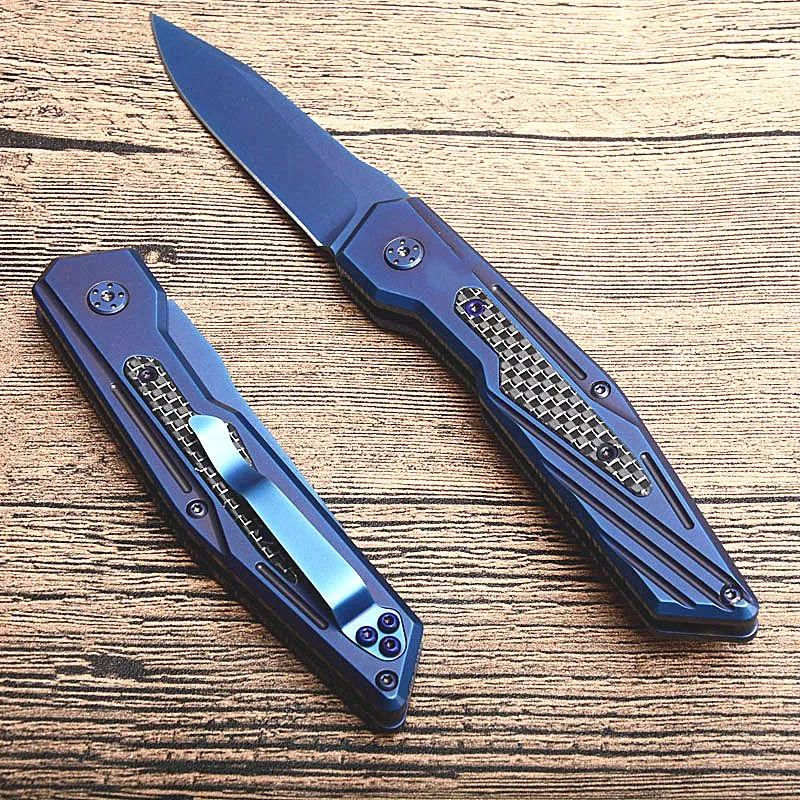 Squisito coltello a piegatura tattica automatica automatica 8CR13MOV Blue Titanio Blade Acciaio in fibra di carbonio Muove a tasca EDC