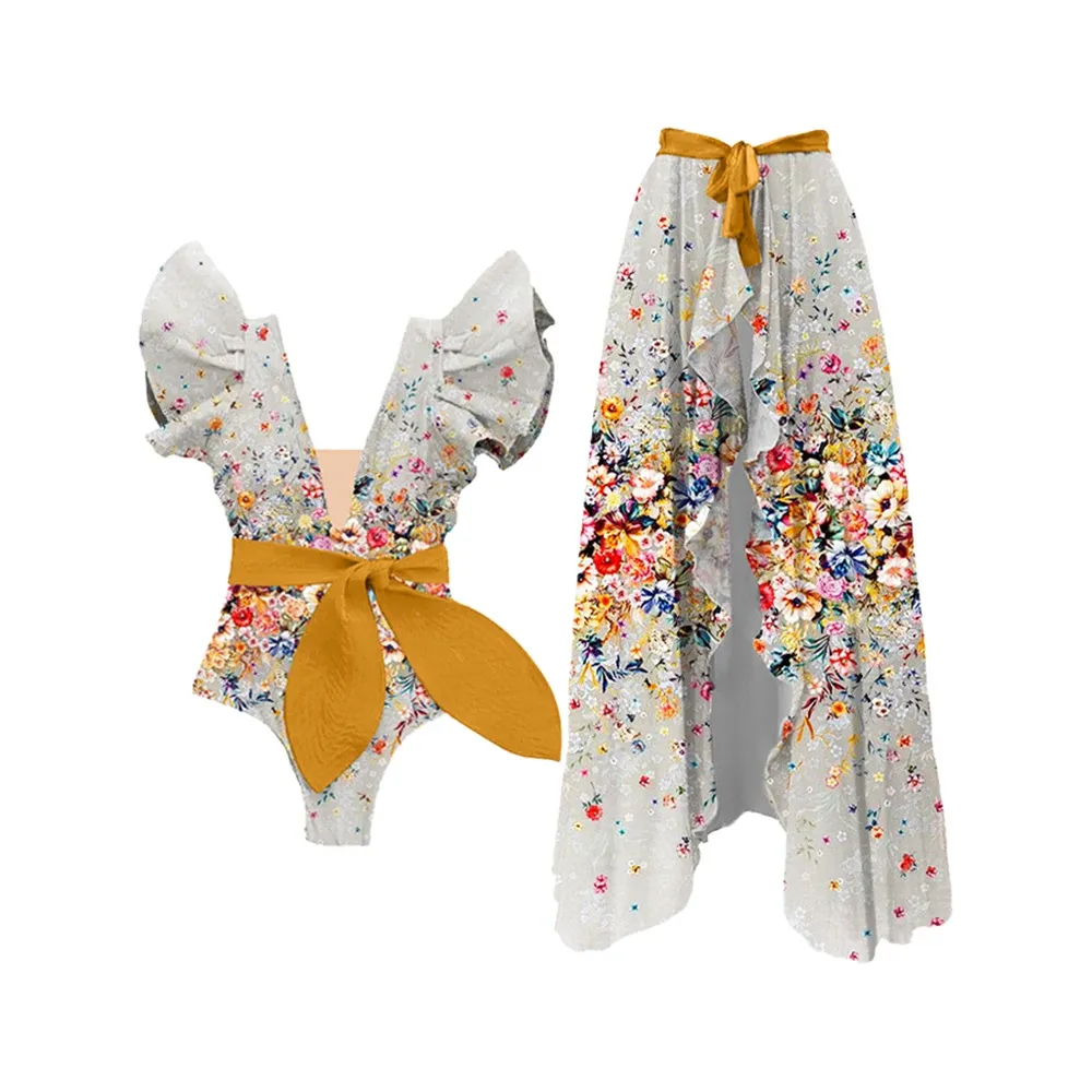 Costumes à imprimé floral à volants colorblock en un morceau de maillot de bain une pièce de maillot de bain Sexy v cou de bain sans dossier de bain de luxe de luxe de luxe