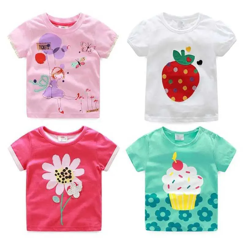 T-shirts Summer 2024 Nouvelle arrivée 2 3 4 5 6 8 10 ans Childrens Flower Imprimé bébé Top Basic Carton Cotton Girls Court T-shirtl2405