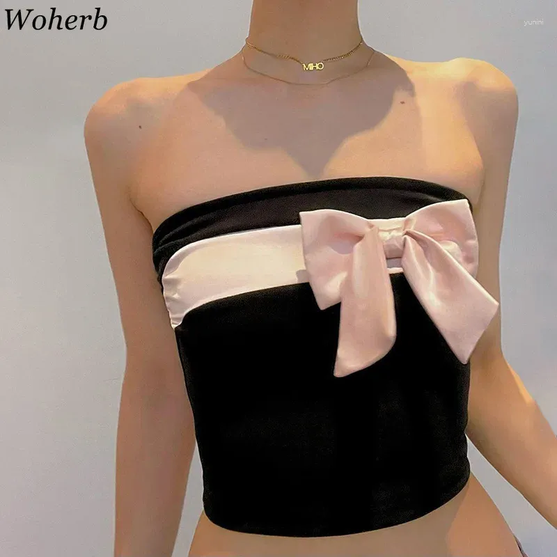 Kvinnors tankar 2024 Sweet Bow Crop Tops Female Clothing Boob Tube Top Slim midje Tank Korean Y2K Summer Sexig Club Camis Ropa Mujer