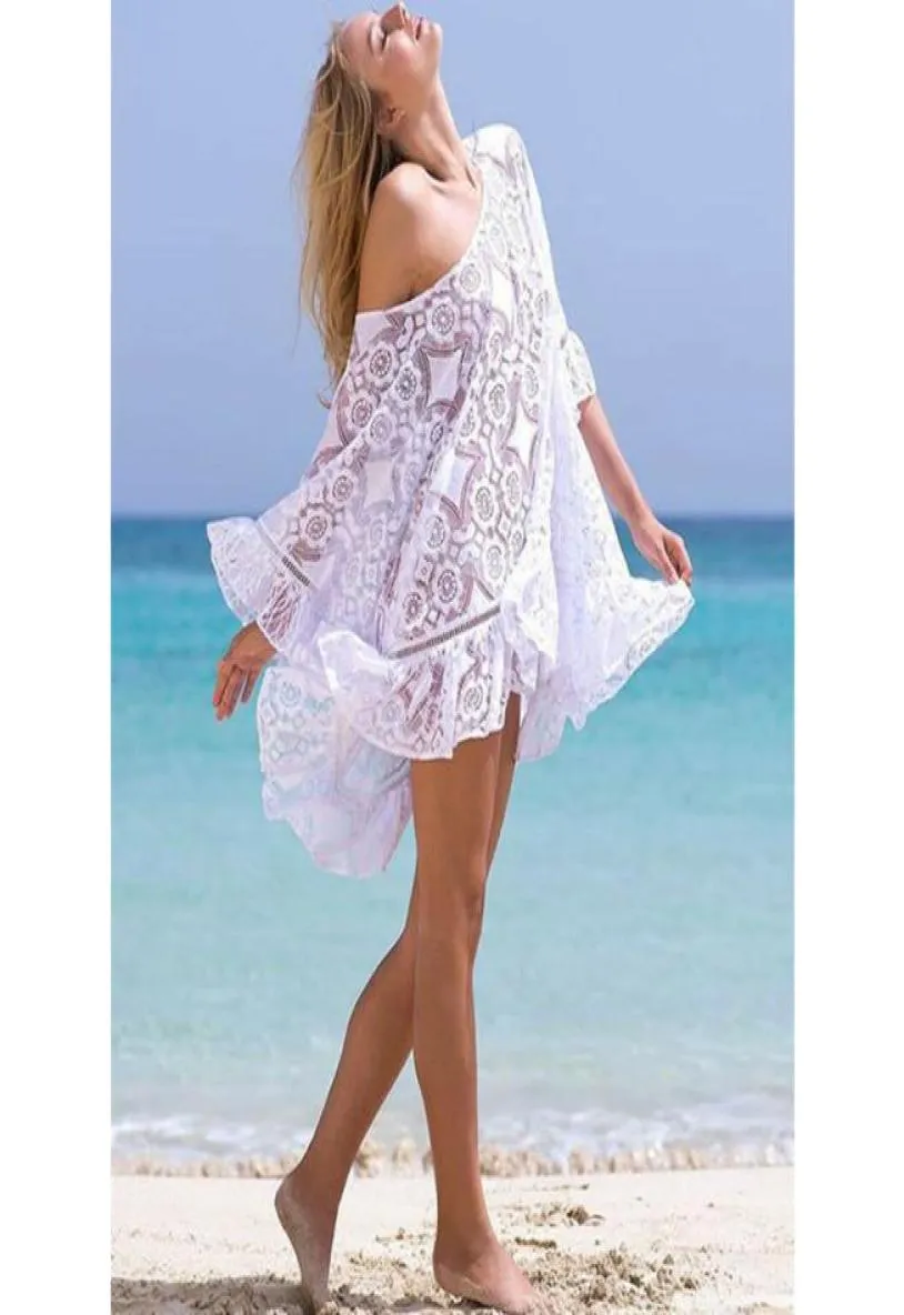 Summer Femmes Sweet Floral Lace White Robe Ruffles Loose Mini Robes Lady Girl Holiday Sexy Beach Wear Cover4649178