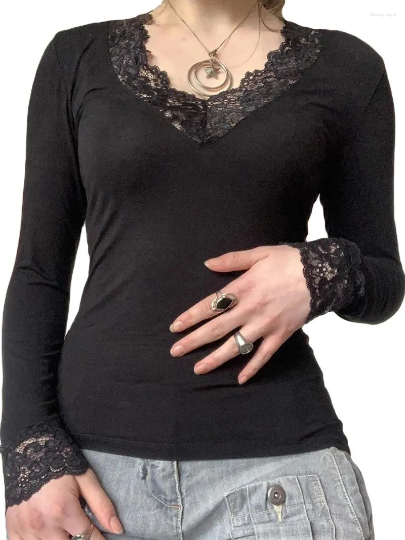 Kvinnors T-skjortor tätt monterad långärmad smal passform av skördetoppar 90-tal t-shirts streetwear svart vintage y2k spets v hals topp