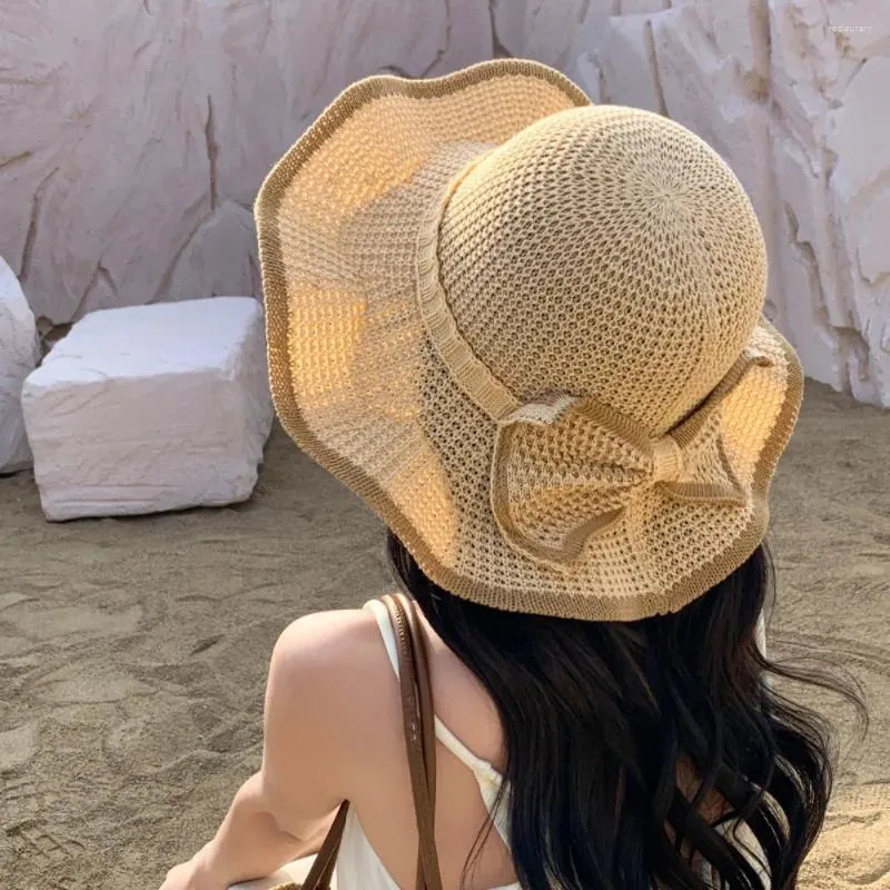 Brede rand hoeden gebreide emmer hoed mode trendy anti-zo strand anti-uv verstelbare viskap zomer