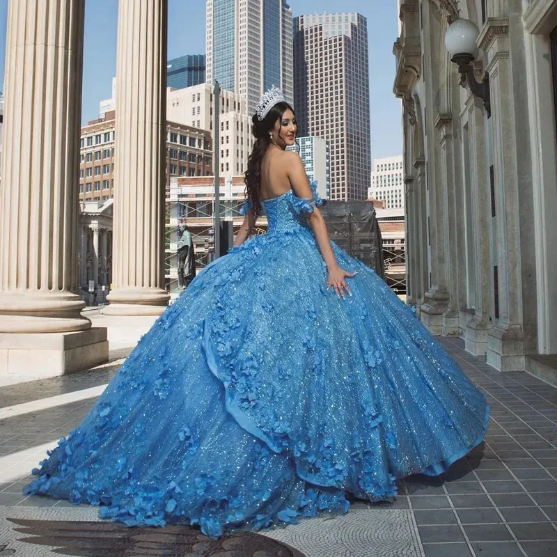 Ciel bleu quinceanera robes de bal 3d fleurs paillettes sweet 15 robes de fête étincelles robe de balle de bal robe de concours de filles juniors