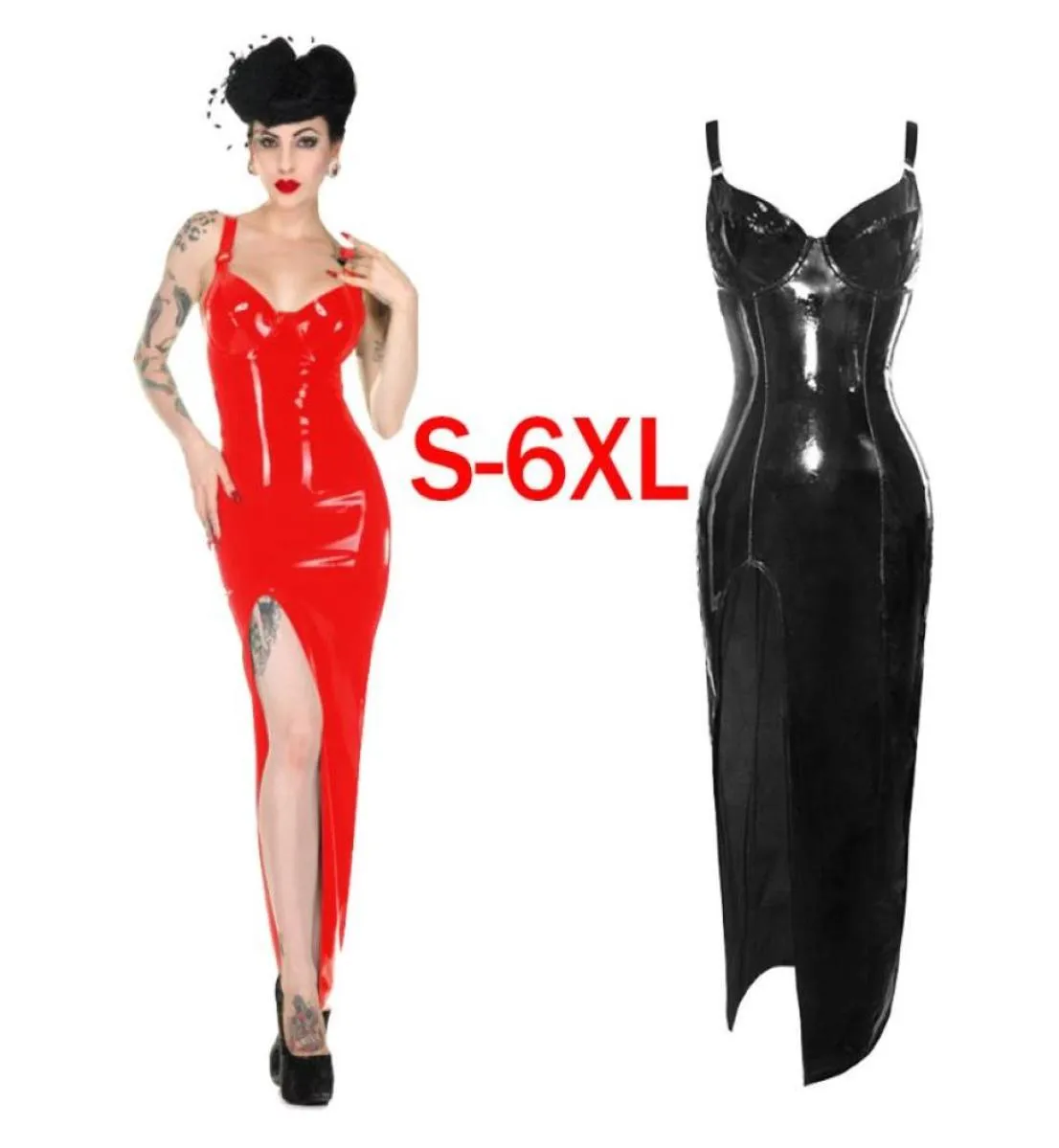 Casual jurken Plus size 4xl 5xl 6xl PVC bondage leer sexy riemen hoge split sheath long maxi jurk vrouwen zwart rode club slijtage 3748183