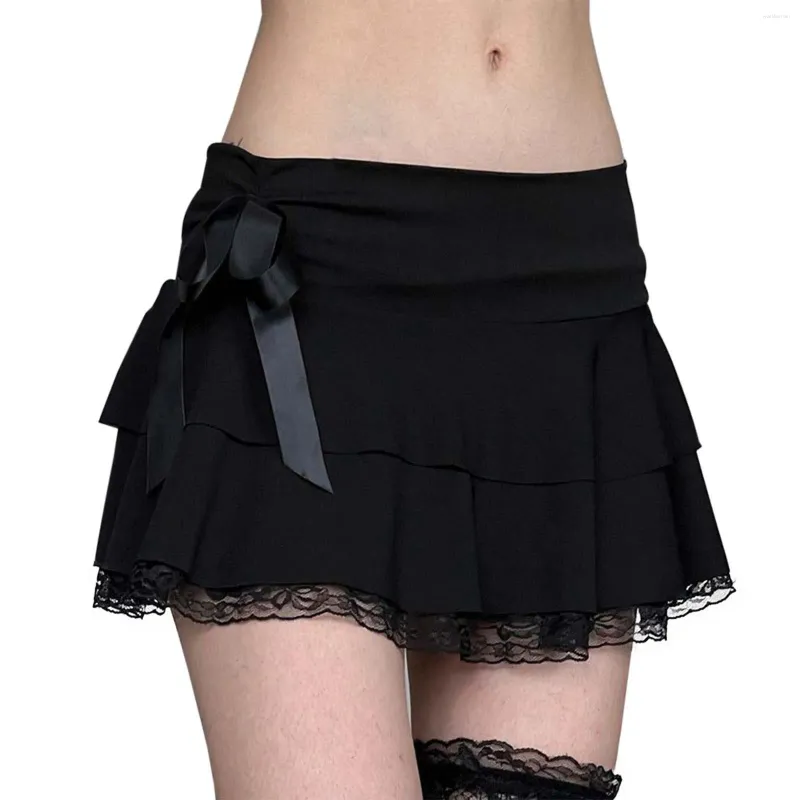 Skirts Sexy Lace Skirt Korean Y2k Faldas Women Strappy Bowknot Gothic Style Dark Black Double Layer Fairy Harajuku Streetwear