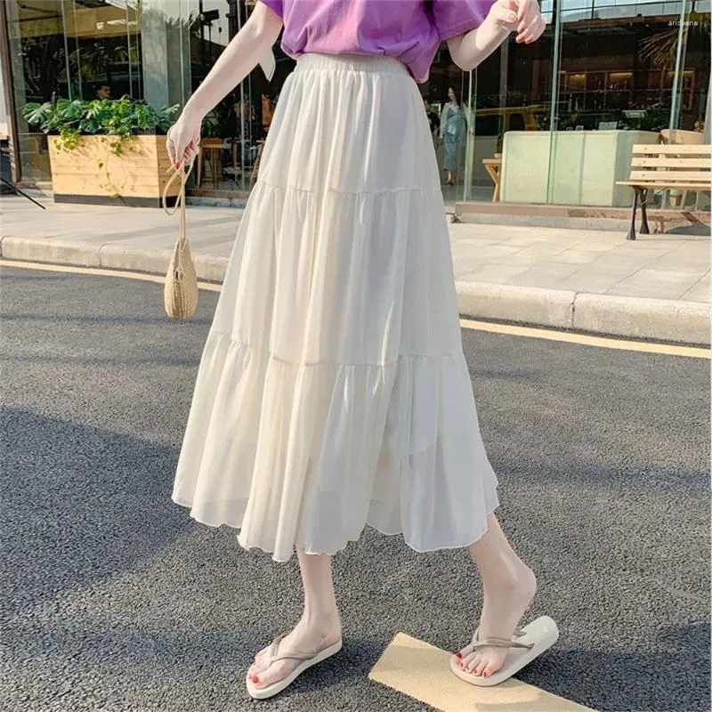 Skirts 2024 Spring Summer Women Chiffon Casual High Waist Elastic Patchwork White Black Long Cake A-line Skirt Student Oversized