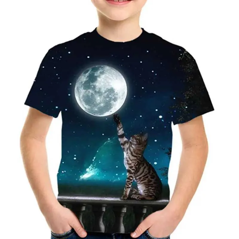T-shirts Space pour enfants Galaxie Harajuku 3D T-shirt garçons et filles animaux chat Moon Star Fish Fish Sun Print T-shirt Childrens T-shirt mignon 4-12yl240509