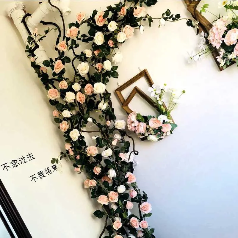 Dekorativa blommor kransar Artificial Rose Rattan Rattan Silk Flower String Wreath Romantic Wedding Home Garden Hotel Dekoration