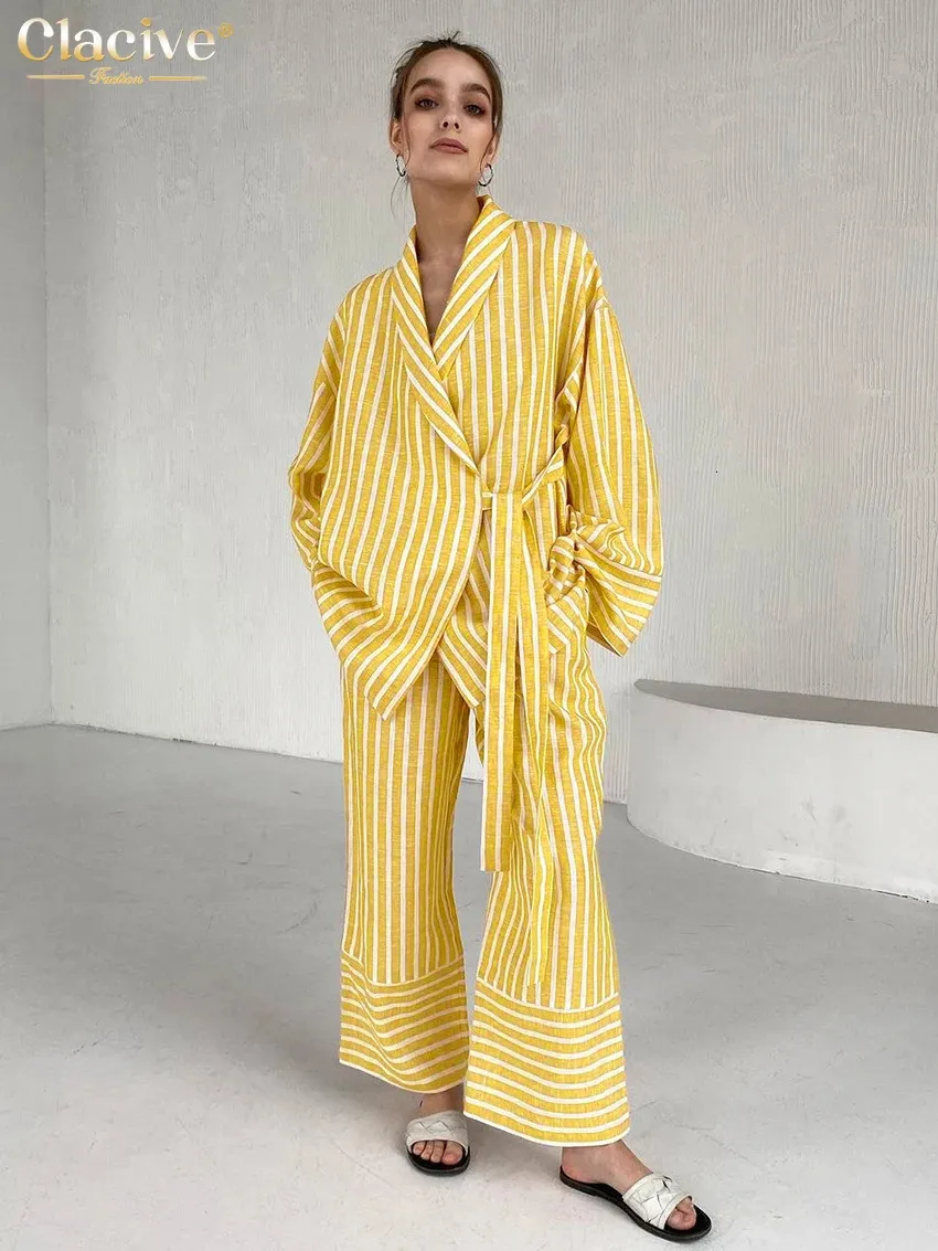 CLACIVE Casual Yellow Stripe Home Suits Elegant High midje breda byxor Set Fashion Long Sleeve Shirts Two Piece Women Outfit 240423