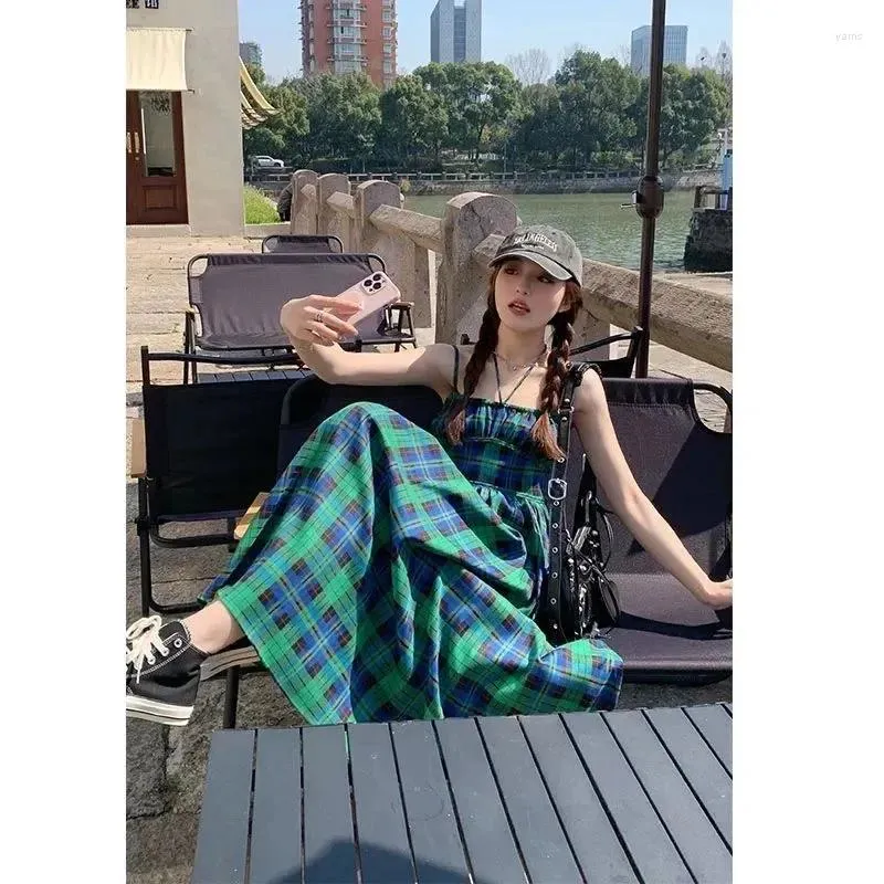 Casual jurken Teal plaid maxi jurk dames zomer Frans roze roze hoge taille slip preppy Engelse midi rok 2024 Koreaanse kleding