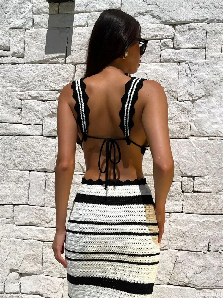 2 Piece Striped Maxi Skirt Set High Waisted Knitwear Bandage Long Skirt for Women s Summer Wear