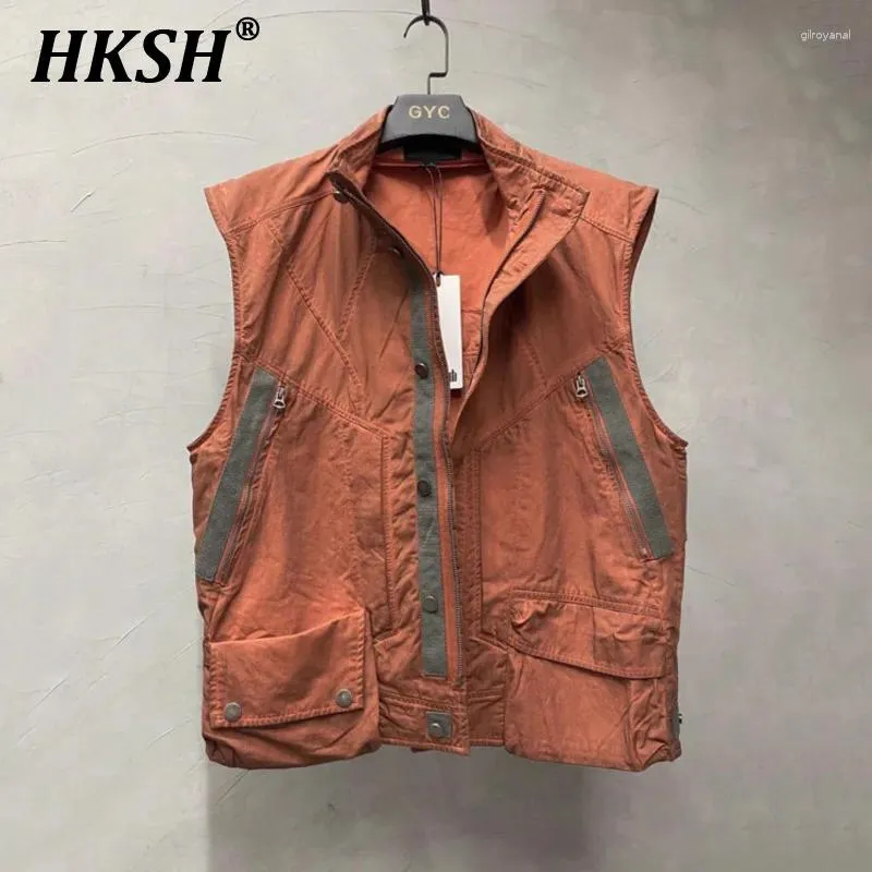 Tanques masculinos tampos de tanques hksh maré nicho alto senso lixo retro terra punk splice mangas tendência tendência tática camisole solta cistascoat hk0783