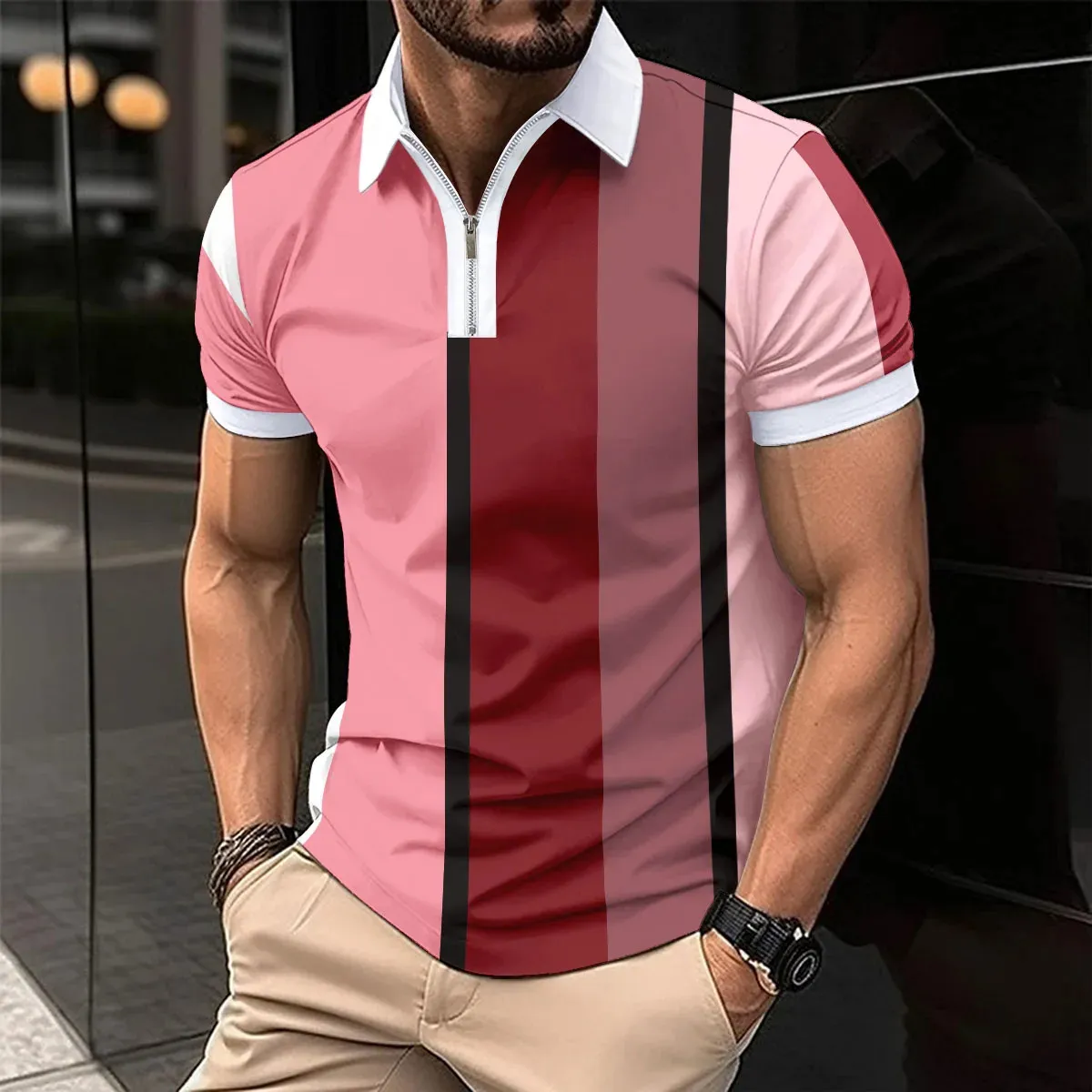 Casual heren met korte mouwen Polo Shirt Slim Fit Zipper Flip Collar Stripe Print Street Clothing Mens Party Top S-XXXL 240507