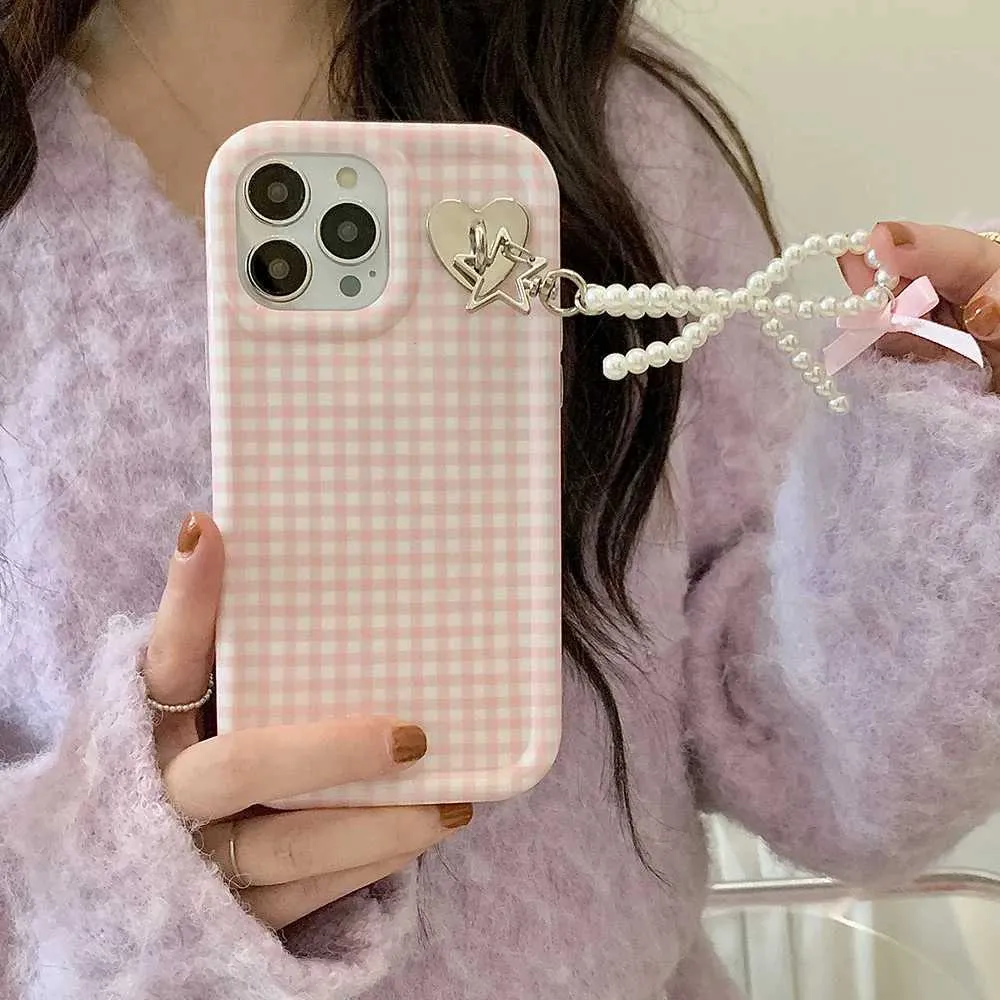 Mobiltelefonfodral Korea Ins Cute 3D Bow Pendant Hang Phone Chain Soft IMD Fall för iPhone 15 Pro Max 14 Pro Max 13 12 Pro Max Luxury Back Cover J240509