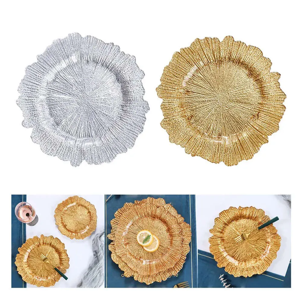 Plastic 13 inch Gold Plates Irregular Fruit Underplate Snowflake Reef Charger Plate for Dinner Wedding Party Events Decor Dishes