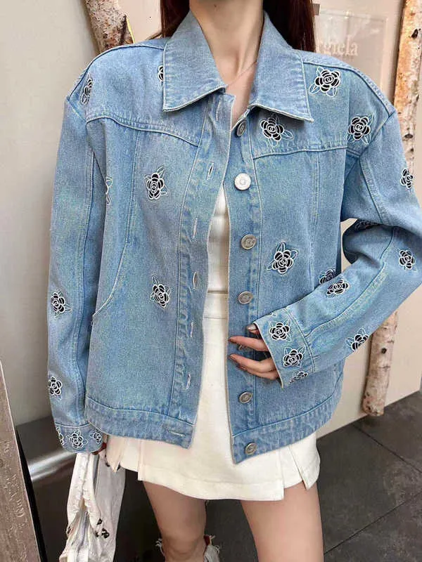 Women's Jackets designer Camellia embroidered denim jacket for women 888