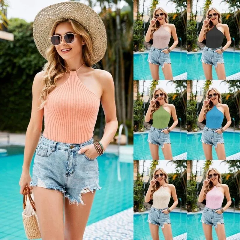 Tanques femininos Sexy Lace-up Halter Backless Crop Tube Top Women Women Summer Summer sem mangas com nervuras femininas sólidas Camisole Holiday Beachwear cole