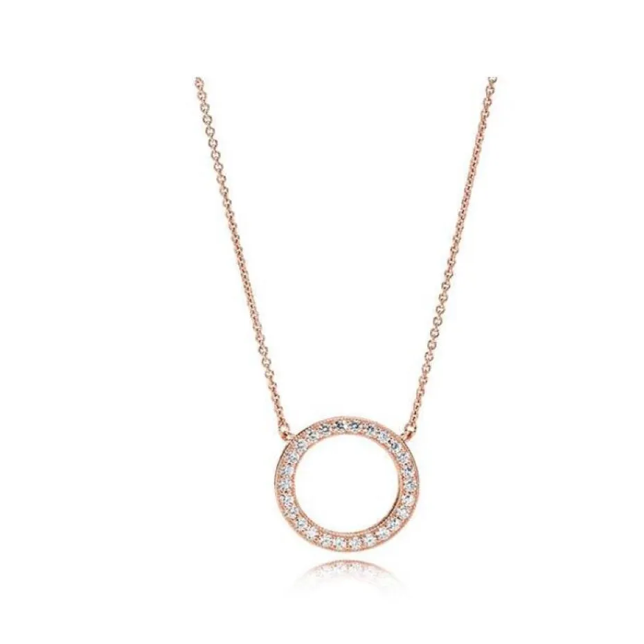 18K ROSE GOLD 925 Sterling Silver Signature Circle Pendant Necklace with Original Box for Pandora CZ Diamond Disc Chain Women Jewerly 258R