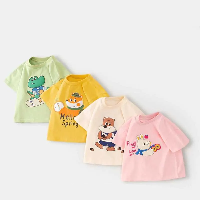 T-shirts 2024 Zomer Babymeisjes en jongens korte mouwen T-shirt Top van de lijn Childrens T-shirt Cartoon Gedrukte pullover Childrens Clothing Korean Stylel240509