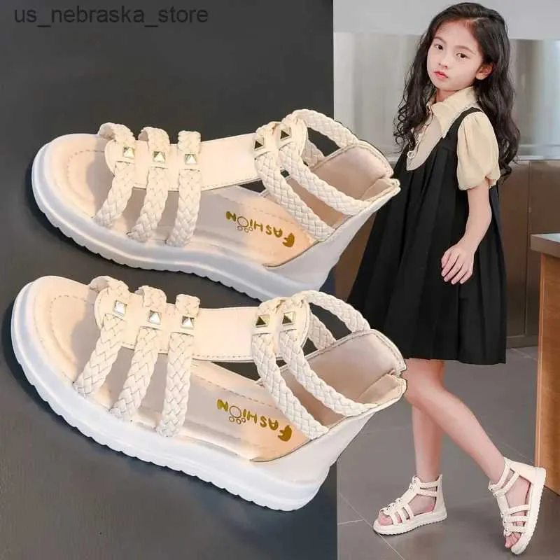 Sandálias romanas de garotas de chinelas abertas de pé de tecido sólido topo alto alto simples novo verão hollow planing casual sapatos infantis q2404091