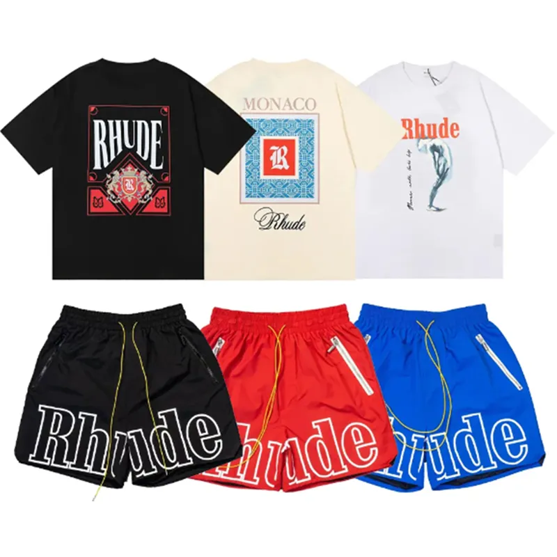 T-shirt Mens Rhude Shorts Suisses de piste de créateur Lettre d'impression noire blanc gris arc-en-ciel de mode d'été cordon de coton cordon court à manches courtes S-xl