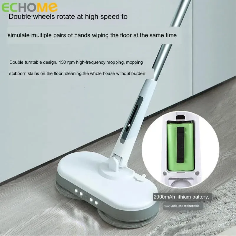 Echome elektrische vloer mops sprinkler huishouden Volledig automatische veger draadloze roterende doekje Vloer geen stoomdwarmreinigingsgereedschap 240508