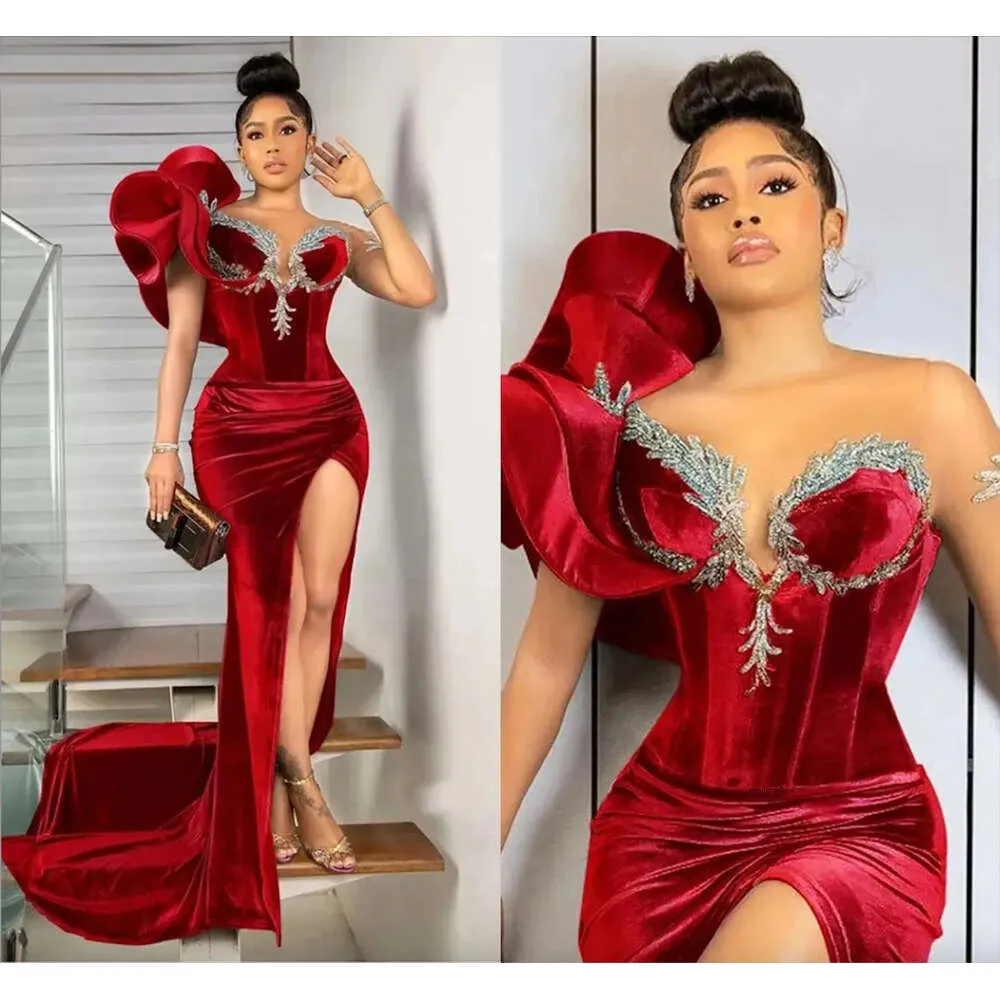 Arabiska Dubai Prom -klänningar Bury Veet One Shoulder Ruffles Plus Size aftonklänningar Sidan delas Sexig Vestidos de Festa trumpet kjol Formell klänning 0509