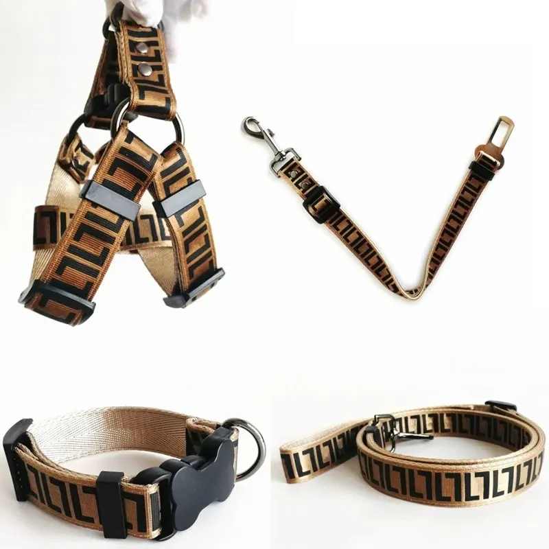 Collari di cani di lusso Ferochi di guinzaglio Set Designer Dog Leash Cinture di sedile Collar per animali domestici e animali domestici per piccoli cani di grande mezzo gatto CAT CHIHUAHUA BUODLE BUODLE BULDOG CORGI PUG Brown.