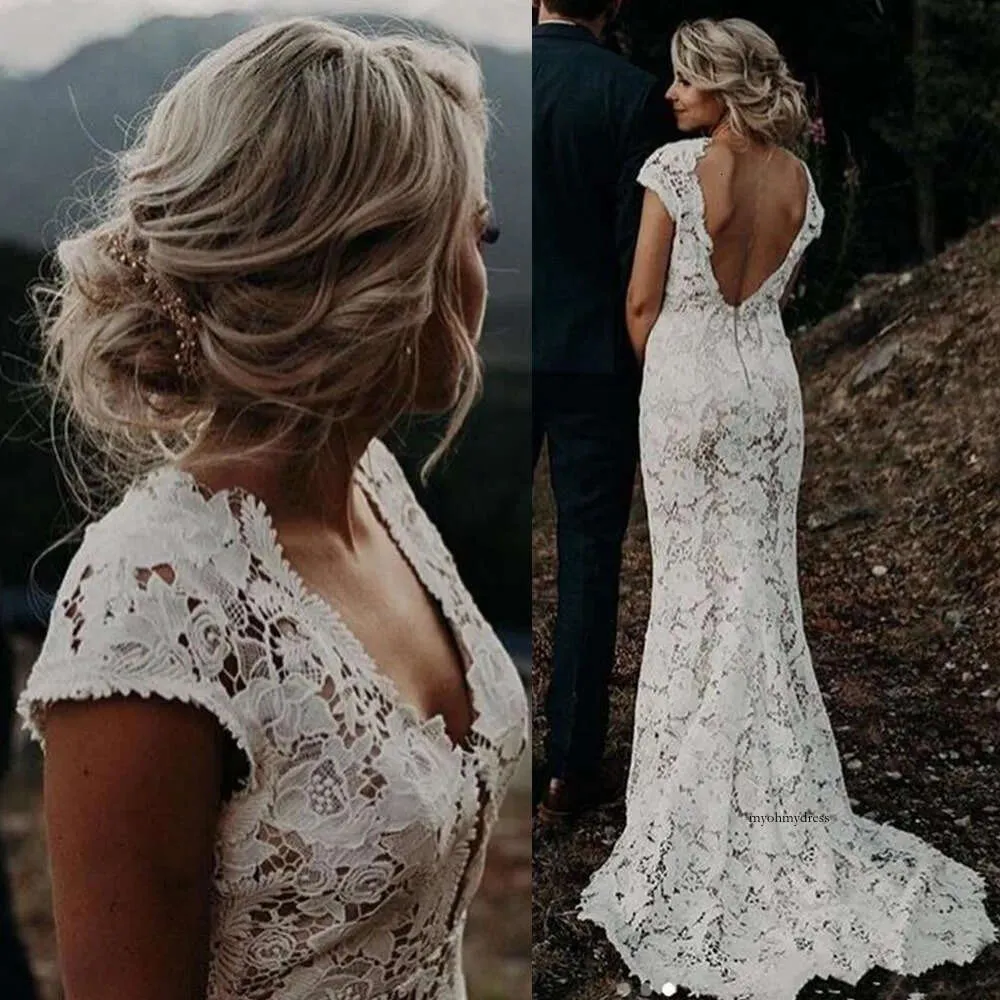 Vestidos de novia de encaje bohemio estilo country profundo v cuello sirena vestidos de novia túnica túnica sin espalda de mariee talla talla 0509