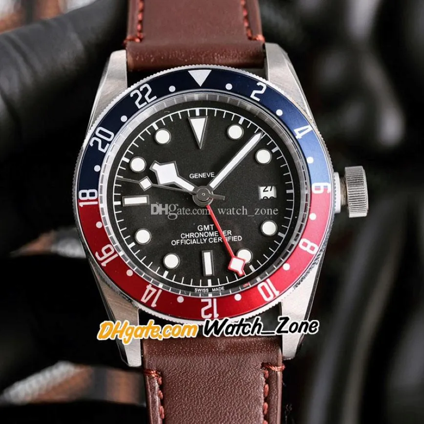 42-мм дата GMT Black Dial Asian 2813 Автоматический M79830RB-0002 Мужские часы M79830RB Blue Red Bezel Стальная корпус коричневый кожаный ремешок Wat 252J