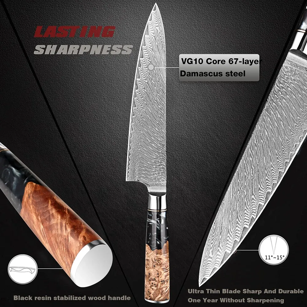 Chef-kok mes 8 inch mes damascus Japans VG-10 super stalen scheermesscherp gesneden vis sashimi mes vol tanggreep chef's mes