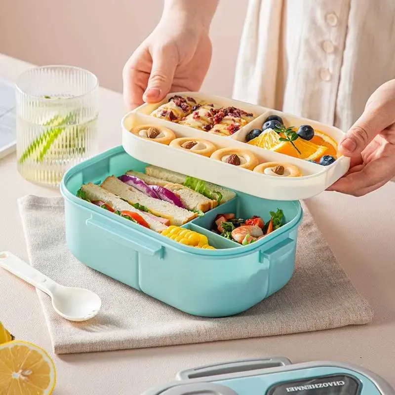 Lunch Boxes Bags Portable Lunch Box Compartment Wheat Straw Bento Carrying Handle Box Reusable Tableware Containers Meal Snack Food Containers