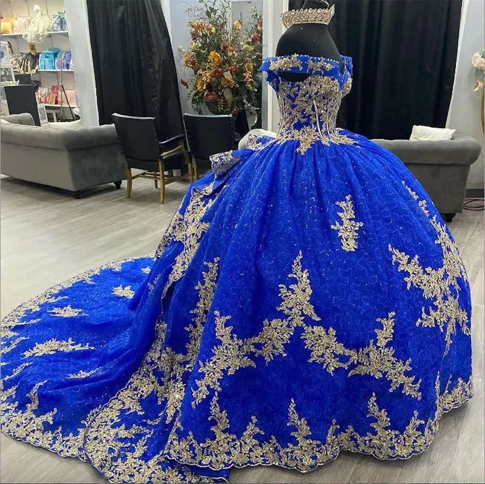 2024 Blue Shiny Quinceanera Dresses for Sweet 15 Year Sexy Off the Shoulder Puffy Ball Gown Lace Appliques Beads Princess Gowns 0509