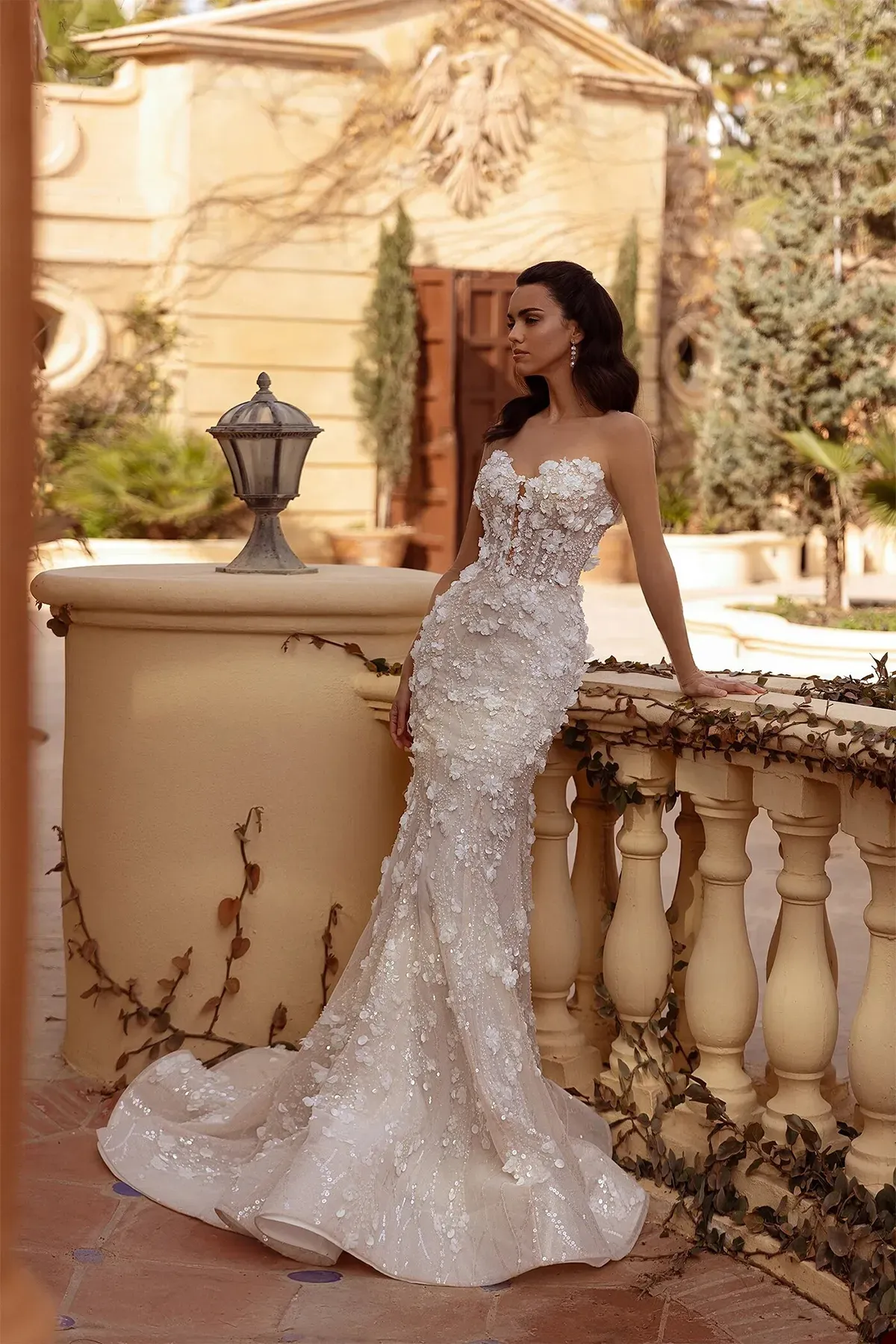 floral beaded lace and tulle mermaid wedding dress 2-in-1 Beaded Floral Lace Mermaid Wedding Dress Beige Nude