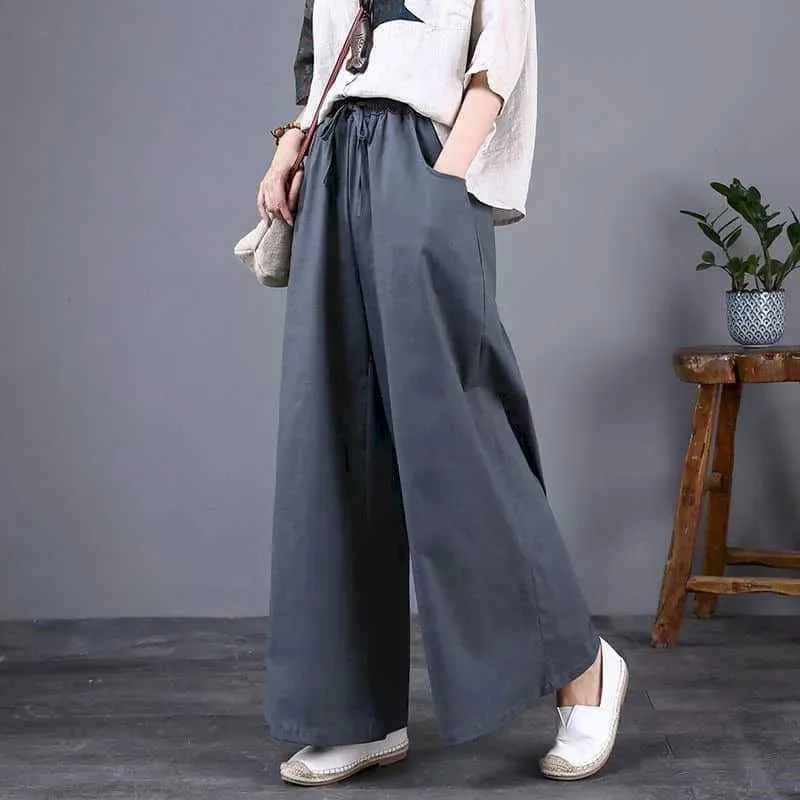 Damesbroek capris katoenen linnen broek brede poot broek vrouwen vintage Harajuku Koreaanse mode elastische taille broek vrouwen kleding losse casual broek y240509